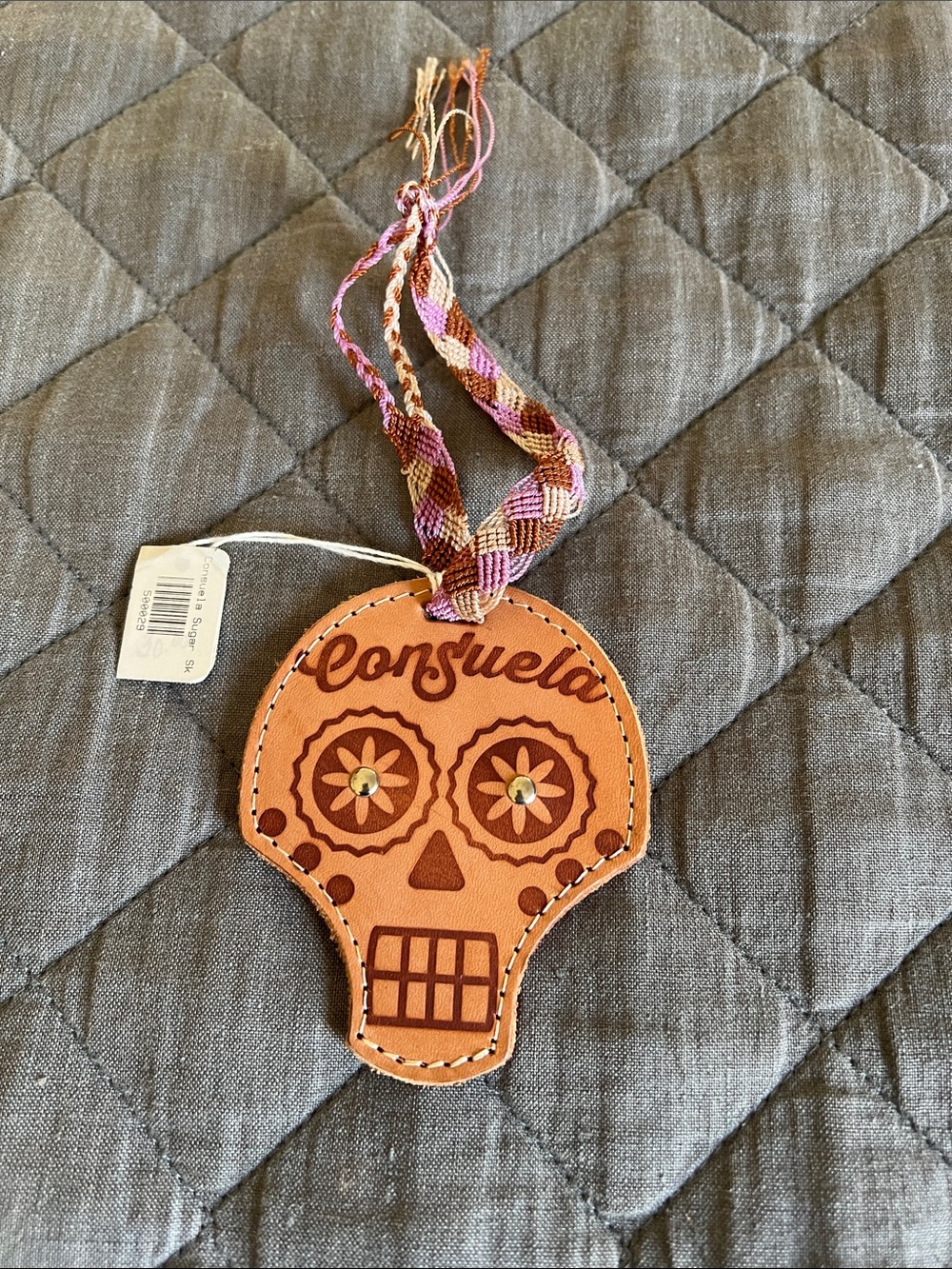 Consuela Tan Skull Leather Bag Charm with Braided Strap